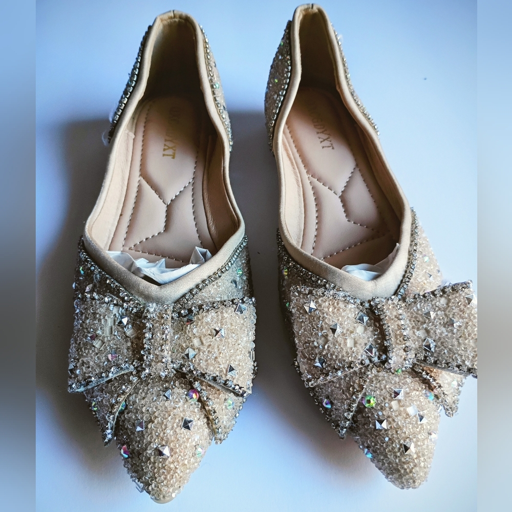 Qxcgdyxt Flat Shoes Women Cream Polyurethane (PU) Ballet Slip On Sparkly Flats